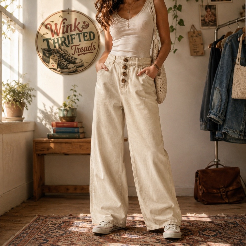 Zara Womens Cream High Waisted Wide Leg‎ Button Fly Denim Pants Size 6 US 38 EU